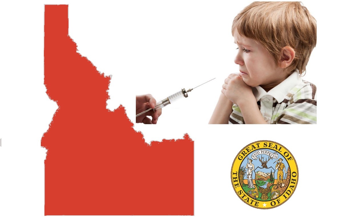 Idaho State map with young child being vaccinated and state seal image
