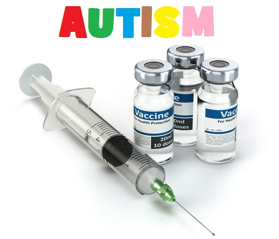 Vaccine in vial with syringe image with colored word Autism