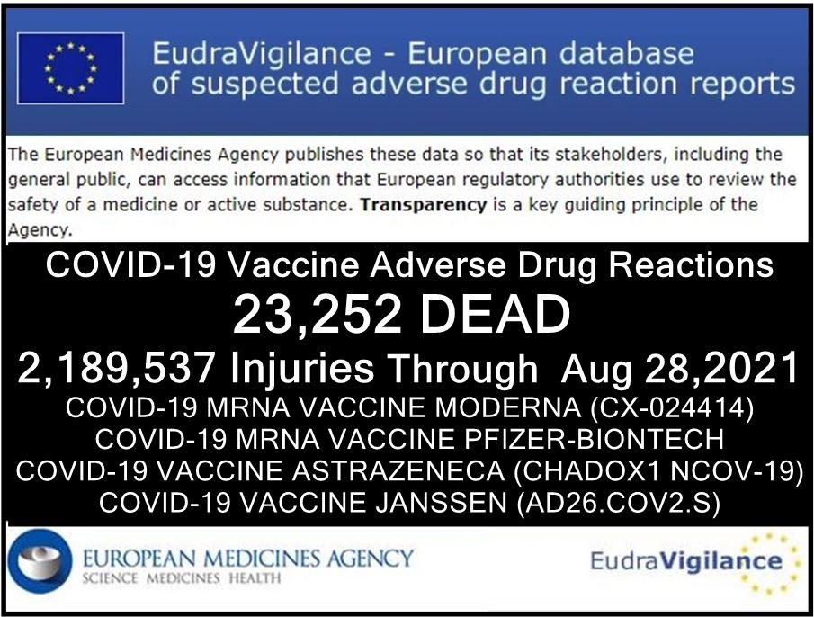 Datenbank der Europäischen Union für unerwünschte Arzneimittelwirkungen meldet: 23.252 Todesfälle, so wie 2.189.537 Verletzte nach COVID-Spritzen
