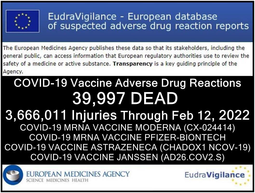 EUDRA Adverse Reaction Stats Through February 12th, 2022 Eudravigilance-Feb12