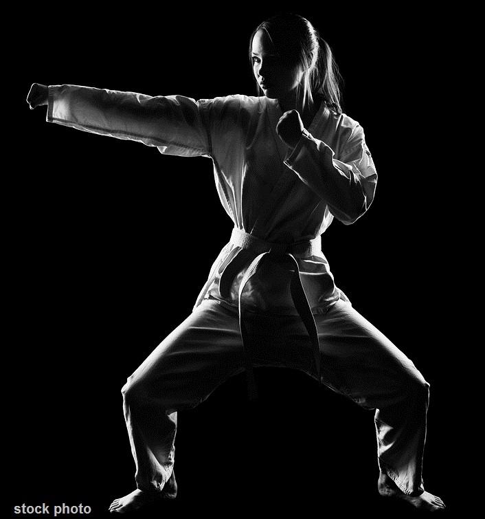 silhouette portrait of martial arts girl in kimono excercising karate