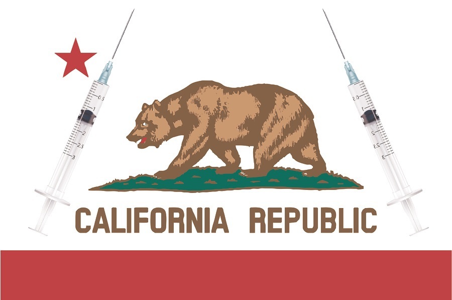 The flag of the USA state of California with vaccine needles.