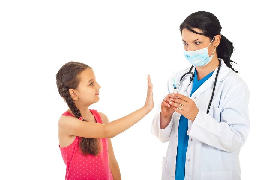 Girl gesturing stop hand to doctor and refuse vaccination isolated on white background