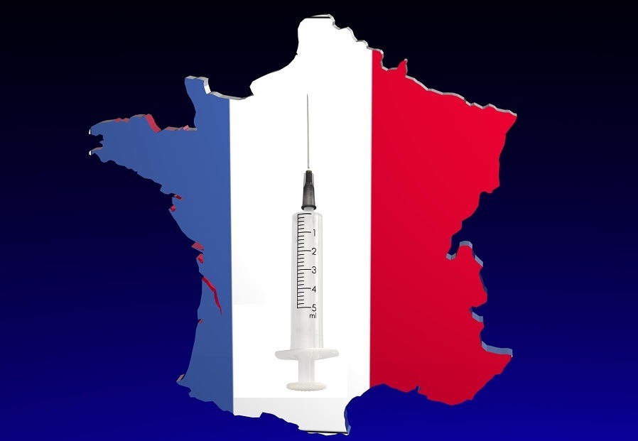 3d illustration of france boundary mapped with french flag and vaccine needle