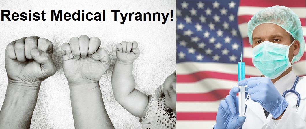 Three fists including baby fist in defiance - doctor with syringe in front of American Flag.