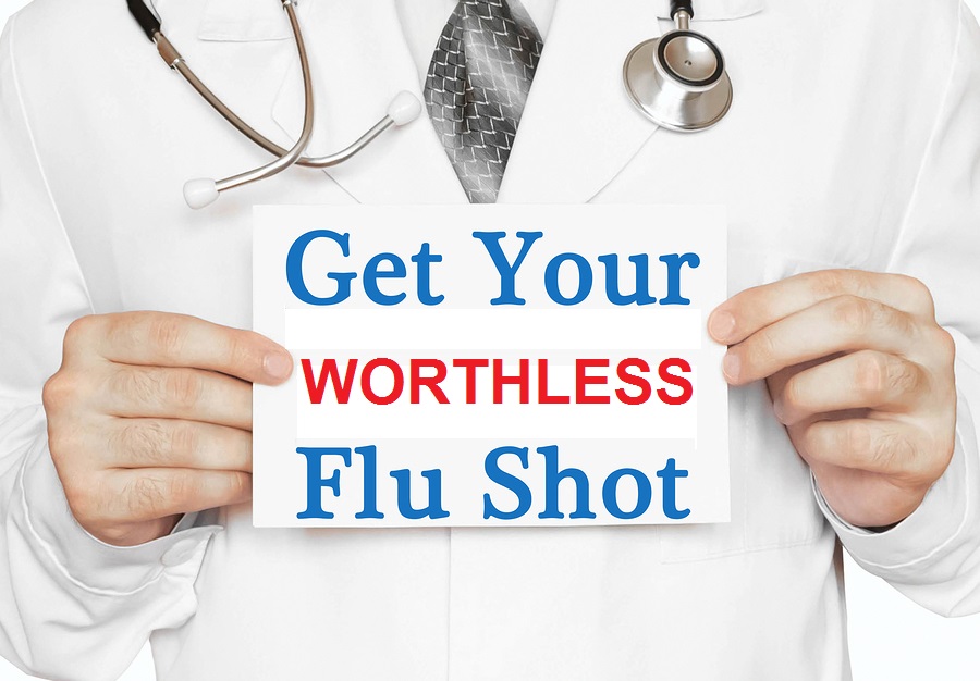 Doctor holding a card with Get Your Worthless Flu Shot