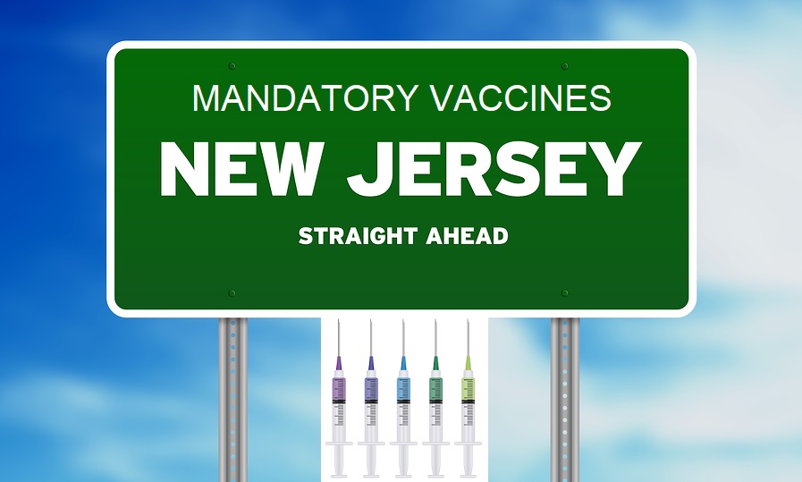 Green New Jersey USA highway sign on Cloud Background with Mandatory Vaccines text