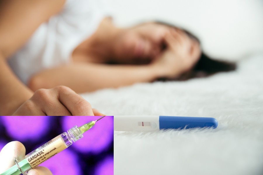 Upset woman lie sad in white bed with negative pregnancy test