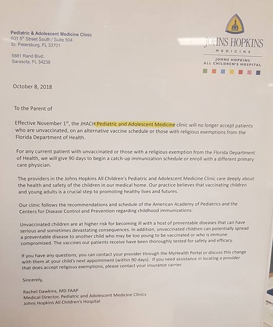 Johns Hopkins All Children’s Hospital to Deny Medical Services to Unvaccinated Children Johns-Hopkins-All-Childrens-Hospital-letter