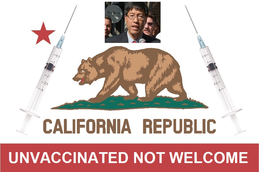 The flag of the USA state of California with syringes and photo of Richard Pan