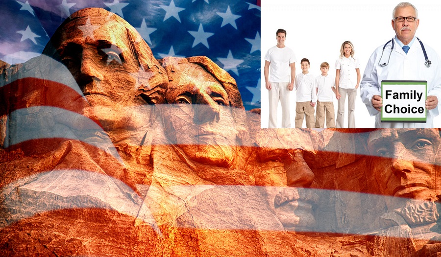 Mount Rushmore - sculpture with faces of four American Presidents on the United States flag