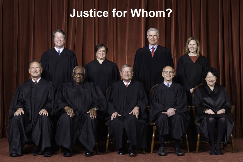 The Roberts Court, April 23, 2021  .Seated from left to right: Justices Samuel A. Alito, Jr. and Clarence Thomas, Chief Justice John G. Roberts, Jr., and Justices Stephen G. Breyer and Sonia Sotomayor  .Standing from left to right: Justices Brett M. Kavanaugh, Elena Kagan, Neil M. Gorsuch, and Amy Coney Barrett.  .Photograph by Fred Schilling, Collection of the Supreme Court of the United States